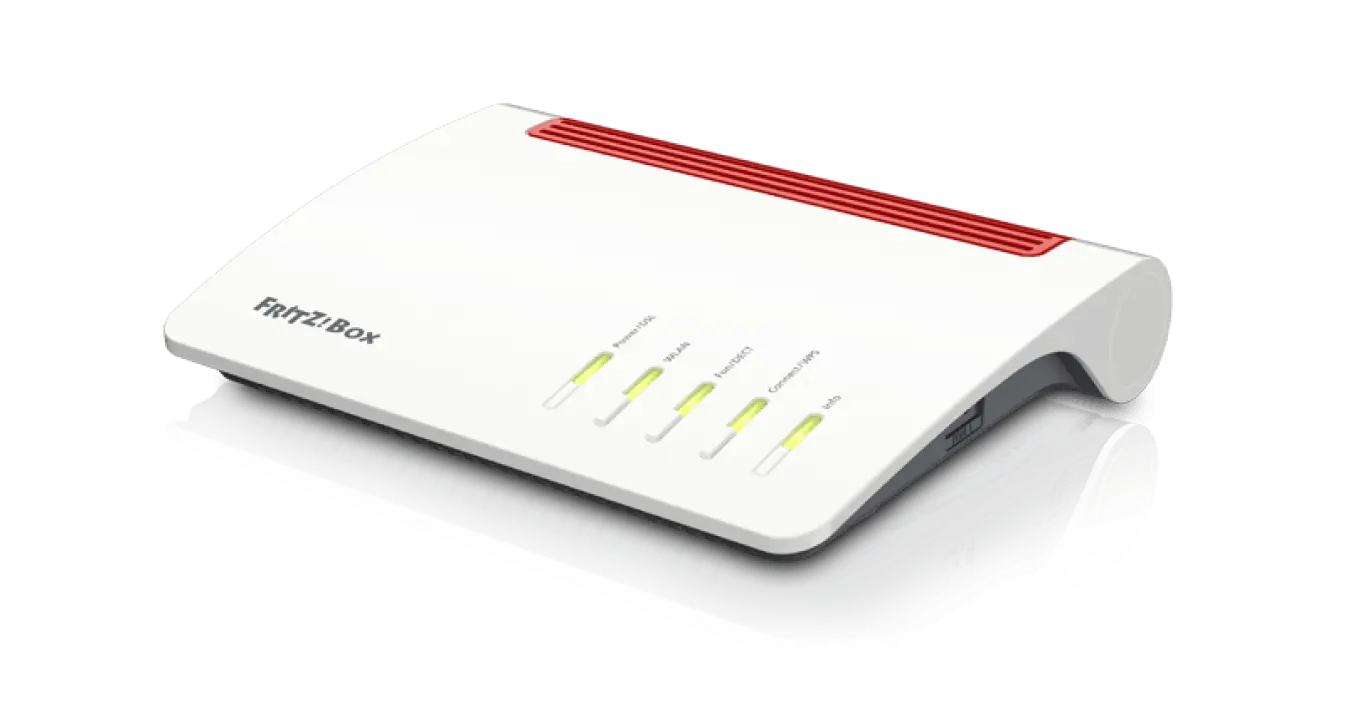 Modem-Router FRITZ!Box mit leuchtenden Status-LEDs für Power, DSL, WLAN und Netzwerkverbindungen