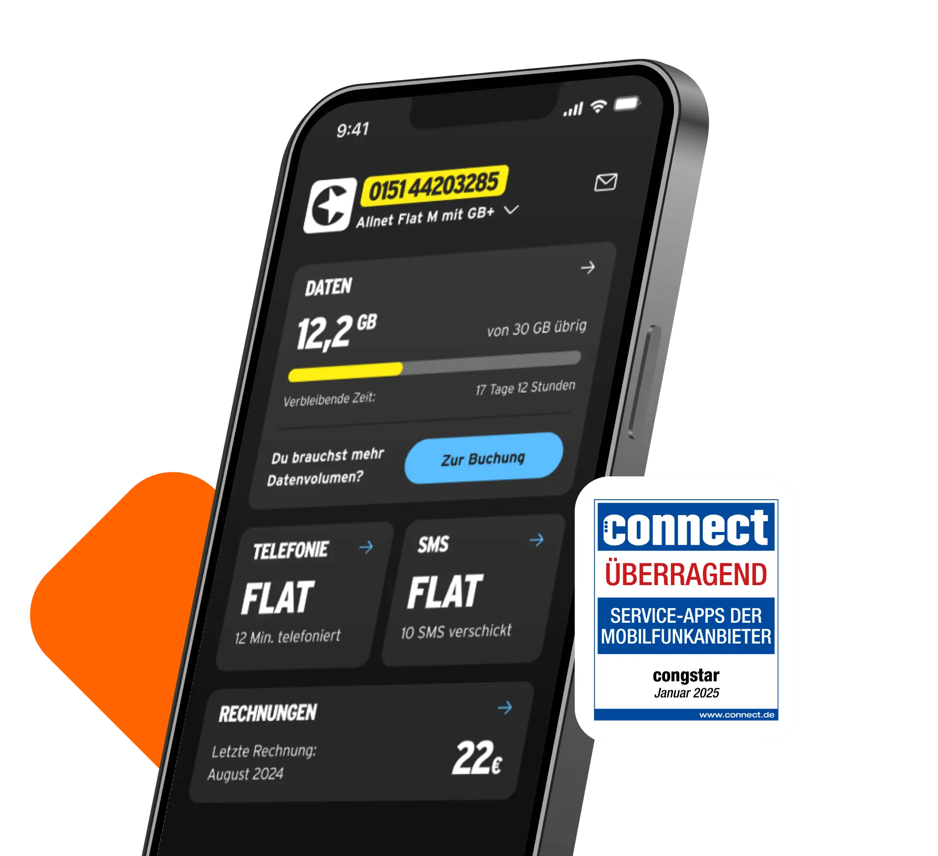 Abbildung von der congstar App mit Verbrauchsübersicht und connect Testsiegel mit Gesamtnote Überragend in Service-Apps der Mobilfunkanbieter von Januar 2025.