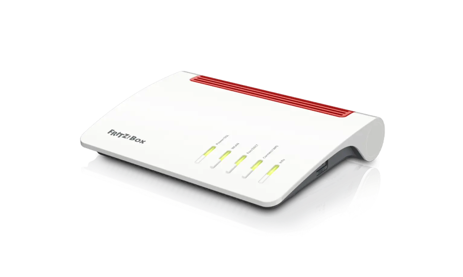 Modem-Router FRITZ!Box mit leuchtenden Status-LEDs für Power, DSL, WLAN und Netzwerkverbindungen