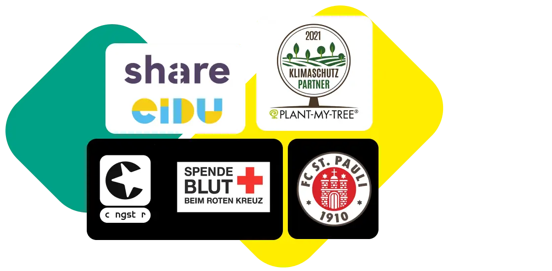 Von congstar unterstütze Organisationen mit Logos. Von congstar unterstütze Organisationen mit Logos: share cidu, Klimaschutz Partner, Spende Blut beim Roten Kreuz und FC St. Pauli.