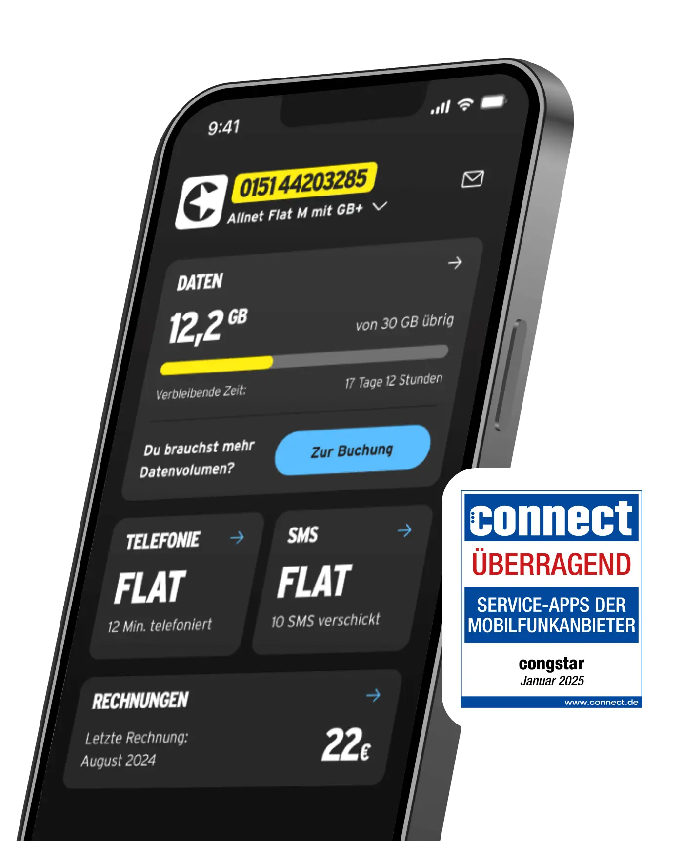 Abbildung von der congstar App mit Verbrauchsübersicht und connect Testsiegel mit Gesamtnote Überragend in Service-Apps der Mobilfunkanbieter von Januar 2025.
