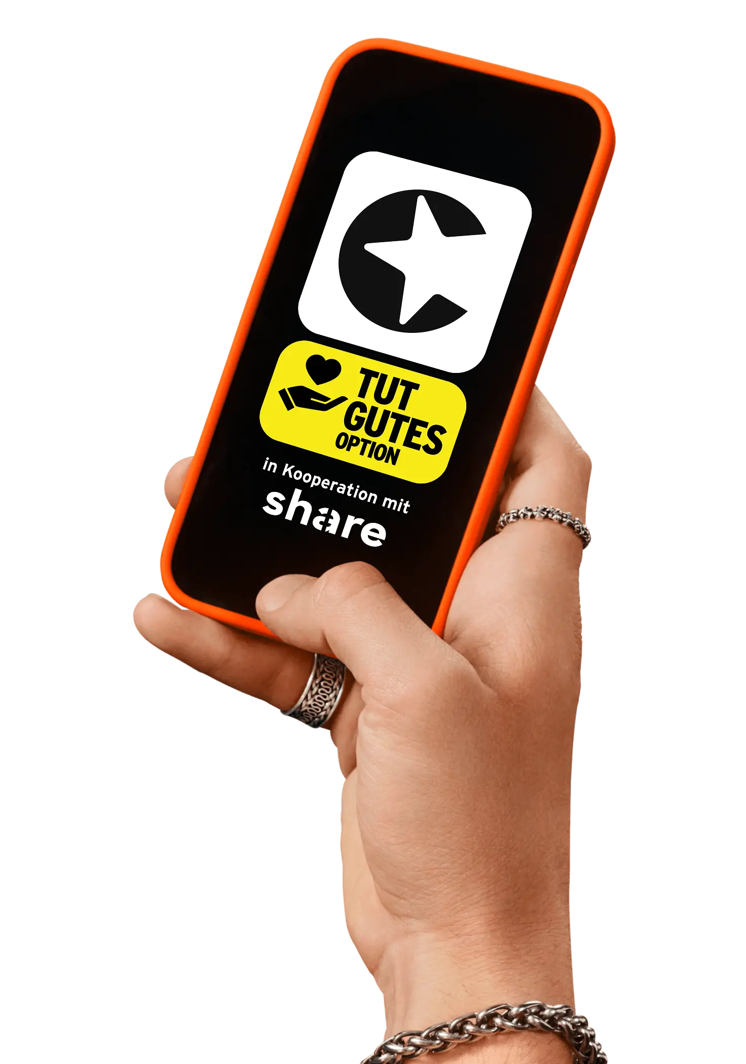 Handydisplay mit congstar Logo und "Tut Gutes Option" in Kooperation mit Share.