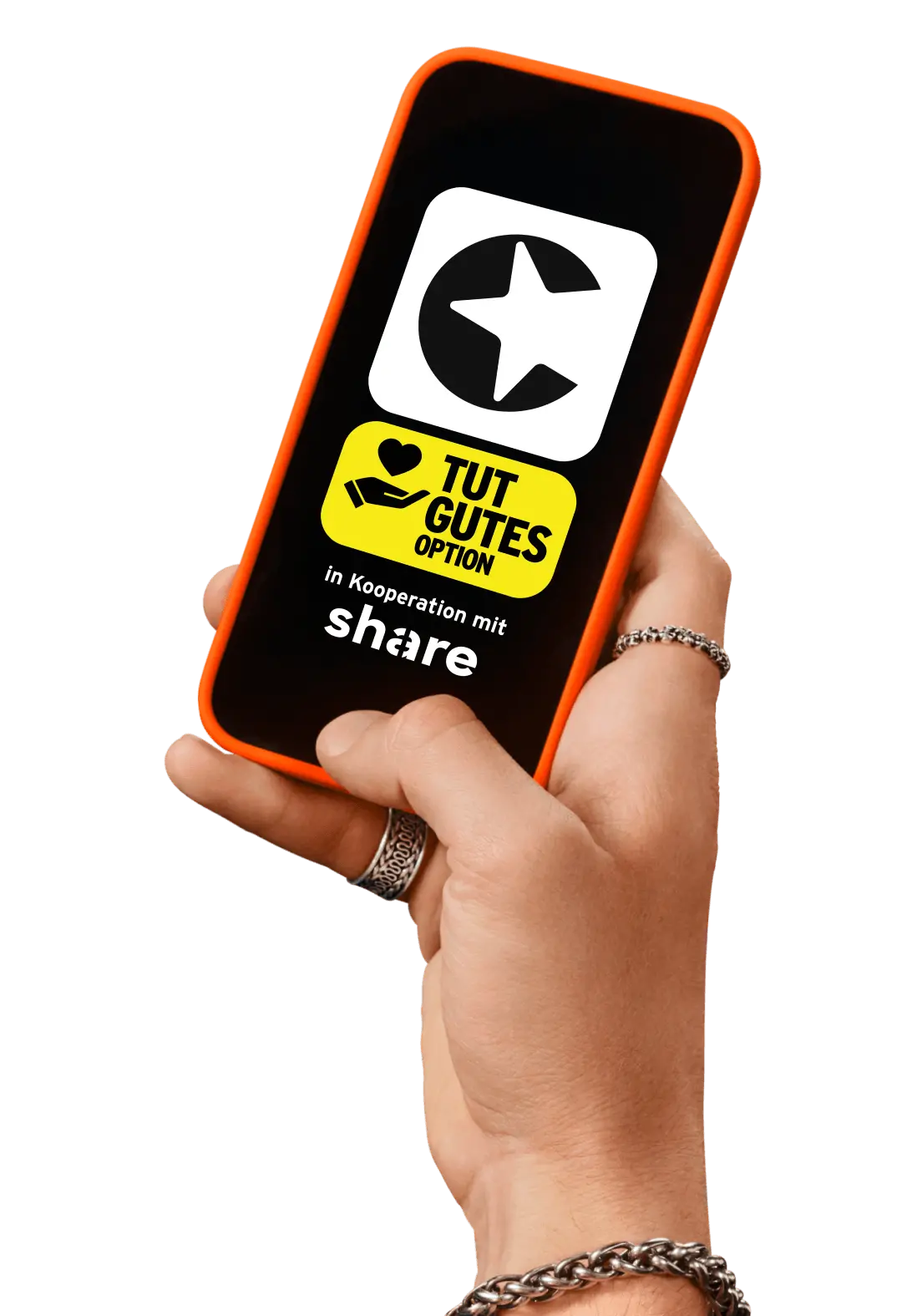 Handydisplay mit congstar Logo und "Tut Gutes Option" in Kooperation mit Share.